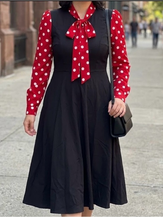 Tulip B Dresses & Skirts - New Tulip B Long Sleeve Black Dress with Red Polka Dot Tie-Neck Modern Vintage